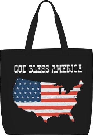 Generic Women Handbag God Bless America Patriotic Usa Ladies Shopping Shoulder Bag Folding Girls Shopping Bags, For Graduation, Christmas, Holiday, Daily, Swi