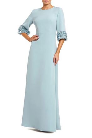 Mac Duggal Womens A-Line Crepe Gown with Embellished Three-Quarter Sleeves in French Blue at Nordstrom, Size 20