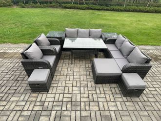 Fimous Outdoor Garden Patio Furniture Wicker Rattan Oblong Rectangular Dining Table & Lounge Sofa set with Adjustable Chair 2 Side Tables in Dark Grey