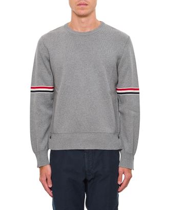 Thom Browne Grey Crewneck Pullover With Striped Sleeve Accents