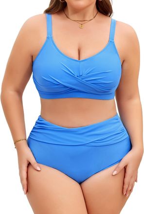 Heekpek Womens Swimming Costumes Plus Size V Neck Tummy Control Swimsuit 2 Piece Twist Front High Waisted Bikini Set Plus Size Swimwear, Bright Blue, XXL