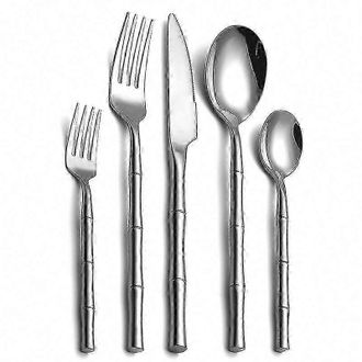 OEM Juego De Cubiertos De Acero Inoxidable 304 Con Mango Cil&iacute;ndrico De Bamb&uacute;, Dise&ntilde;o Creativo, 5 Piezas, Cubiertos Reforzados, Compatibles Con La Cuberter