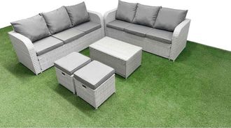 Fimous Outdoor Garden Furniture Sets 8 Seater Wicker Rattan Furniture Sofa Sets with Rectangular Coffee Table high Back Lounge Sofa Stools Side Table Light