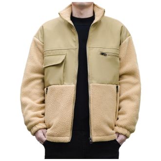 Generic Fleece Jacket for Mens Full Zip Stand Collar Jackets Winter Warm Sherpa Fleece Coat Casual Color Block Plush Outerwear Fuzzy Jacket with Multiple Pock