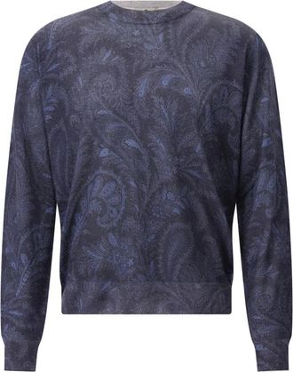 Etro Luxe Kasjmier Zijde Paisley Trui - Heren - Ronde hals truien - Blauw - 2XL - Kasjmier - Truien & Vesten