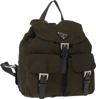 Prada Vela Double Front Pocket Backpack Tessuto With Saffiano Leather Khaki Nylon Backpack Bag (Pre-Owned)