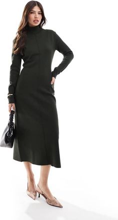 & Other Stories Vestito verde scuro accollato in maglia compatta con gonna al polpaccio