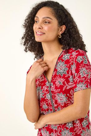 Roman Floral Print Zip Detail Top