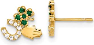 Diamond2Deal 10K Yellow Gold Green & White CZ Good Luck Stud Earrings