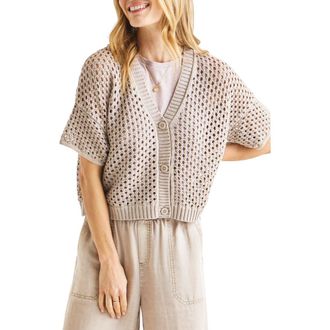 Splendid Nova Short Sleeve Cotton Pointelle Cardigan in Fawn at Nordstrom, Size X-Large