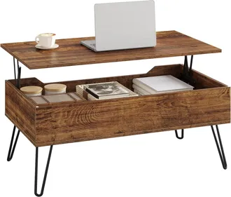 Woltu Woltu Mesa De Centro Elevable 95x50x(40-55,5) Cm Con Compartimento Oculto, Marrone Vintage + Metal Negro
