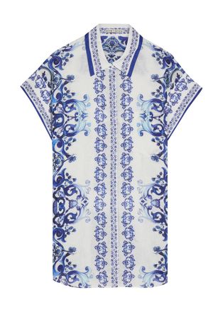 Alice & Olivia Finely Printed Linen Mini Shirt Dress - Blue And White - S (UK8-10 / S)