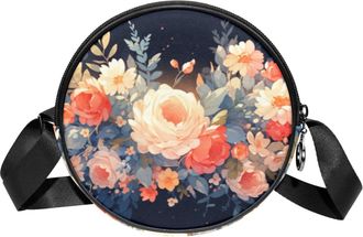 Generic Circle Crossbody Bag for Women, Flowers Small Sling Bag Daypack with Zipper Adjustable Shoulder Straps Casual Ladies Girls Round Purse