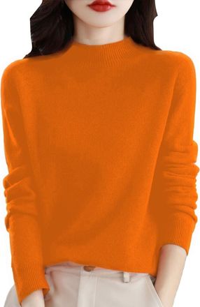 Generic Cashmere Sweaters for Women Cashmere Crew Neck Long Sleeve Soft Pullover Sweater Tops Solid Knit Pullover Sweater (Pumpkin,L)