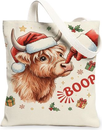 Generic Christmas Cow Canvas Tote Bags, Cute Animal Design Reusable Grocery Bags, Winter Rustic Lightweight Washable Shoulder Strap, Cream, 13x15 Inch