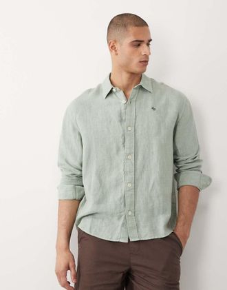 Abercrombie & Fitch Icon - Camicia a maniche lunghe verde chiaro in 100% lino con logo
