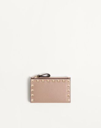 Valentino Garavani Portacarte Con Zip Rockstud In Vitello Granato Donna POUDRE UNI