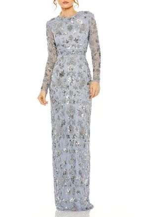 Mac Duggal High Neck Long Sleeve Embellished Column Gown in Slate Blue at Nordstrom, Size 18