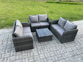 Fimous Outdoor Garden Furniture Sets 6 Seater Wicker Rattan Furniture Sofa Sets with Square Coffee Table Love seat Sofa in Dark Grey