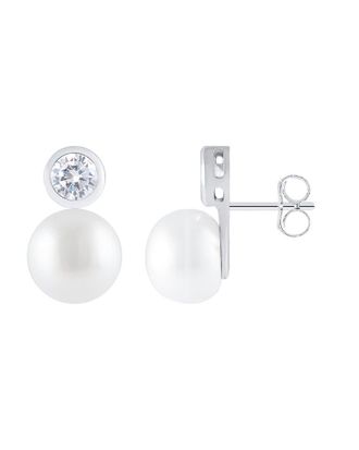 Splendid Pearls Silver 8-8.5mmmm Pearl CZ Earrings
