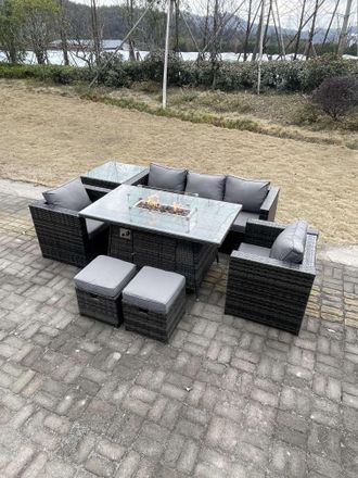 Fimous Outdoor PE Rattan Garden Furniture Gas Fire Pit Dining Table Armchairs With High Side Coffee Table 2 Stools in Dark Grey