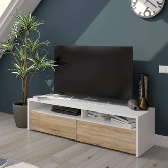 Dmora Dmora - Soporte De Tv Dfarag&ograve;, Aparador Para Sal&oacute;n Televisi&oacute;n Con 2 Puertas, Soporte Tv, Buffet De Sala De Estar Moderno Bajo, 130x40h36 Cm, Blanco Br