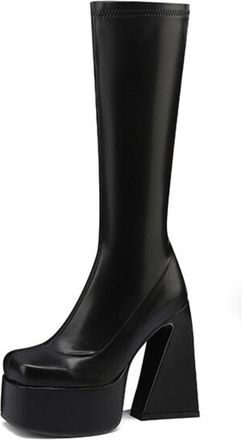 Generic Womens mid calf platform boots chunky cutout block heels stretch fabric square toe glossy finish,Black,4.5 UK