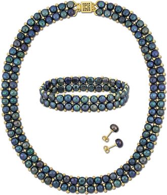 Delmar Set of 3 Cultured Freshwater Pearl Stud Earrings, Bracelet & Necklace in Black at Nordstrom Rack