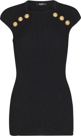Balmain Gebreide Top met 6 Knopen - Dames - Ronde hals truien - Zwart - 2XS - Leer - Truien & Vesten