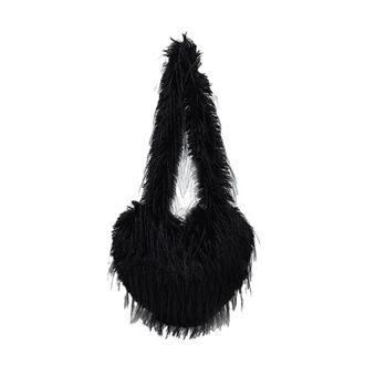 Generic Womens Plush Bags Long Plush Shoulder Bags Solid Candy Color Female Furry Crossbody Bag Heart Shape Womens Underarm Handbags(Black)