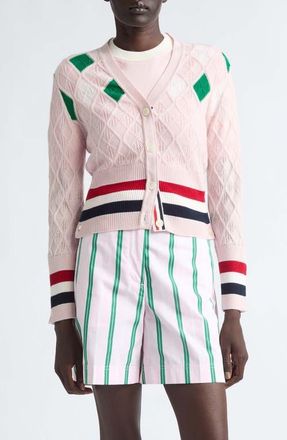 Thom Browne Argyle Intarsia Cashmere Pointelle Cardigan in Light Pink at Nordstrom, Size 44