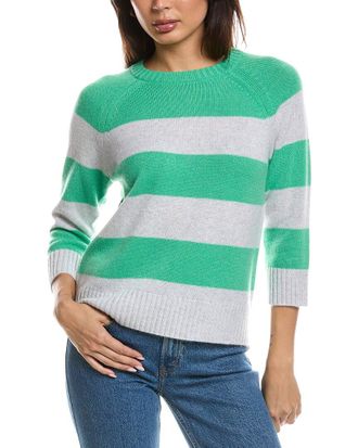 Fort&eacute; Cashmere 3/4-Sleeve Wide Stripe Crewneck Cashmere Sweater