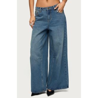 Edikted Skater Girl Washed Low Rise Wide Leg Jeans in Blue-Vintage-Washed at Nordstrom, Size X-Large