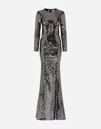 Dolce & Gabbana Long Sequined Dress With Corset Detailing - Woman Dresses Gray 40