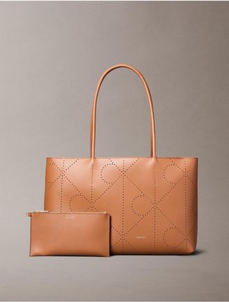 Calvin Klein Womens Perforated Emblem Logo Tote Bag - Brown