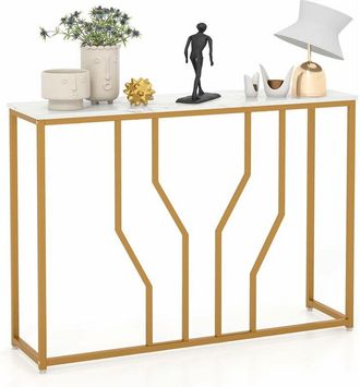 Costway Costway - Mesa De Entrada, Mesa Consola Dorada, Mesa Auxiliar Metal Moderna Blanca Con Tablero De M&aacute;rmol Artificial, Mesa Estrecha Para Sala De Estar,