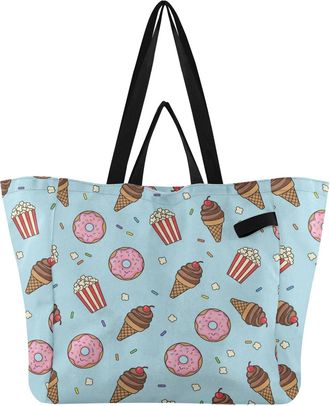 Generic Donut Ice Cream Blue pattern Reusable Canvas Tote Bag, Heavy Duty Grocery Shopping Bag with Large Capacity Double Handles Hard Bottom Work Groceries T