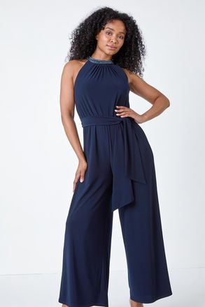 Roman Beaded Wide Leg Halterneck Stretch Jumpsuit
