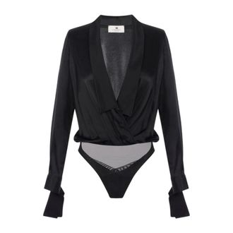 Elisabetta Franchi Body, female, Black, Size: XL Shawl-lapel Satin Bodysuit