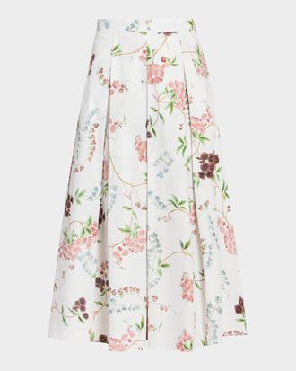Erdem Floral Print Pleated Cotton Poplin Midi Skirt