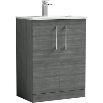 Balterley Balterley Contemporary Bathroom 2 Soft Close Door & Minimalist Floor Standing Vanity Unit Basin, Anthracite Woodgrain, 600mm