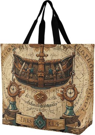 Generic Antique Treasure Map Tote Bag Durable Carry Bag Reusable Shoulder Bags For Picnic Travel Daily Use