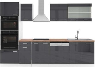 Vicco Cucina componibile R-Line, Antracite lucido/bianco, 300 cm con armadio alto, pl Rovere