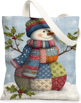 Generic Winter Snow Man Canvas Tote Bags, Festive Patchwork Design Reusable Grocery Bags, Cozy Vintage Lightweight Washable Shoulde, Multicolor, 13x15 Inch