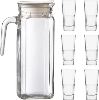 10 Strawberry Street Iced Tea Serving Set: Square Pitcher With 6 Stacking Glasses