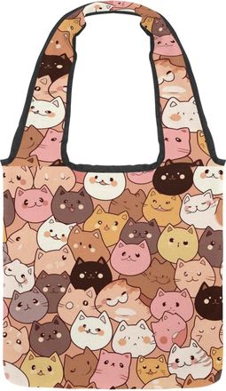 Generic Cute Cartoon Kitten Reversible Canvas Shoulder Tote - Double-Sided Print, 12oz Cotton, 27cm Drop, Fold-Flat Bag for Travel, Shopping, Street Outings