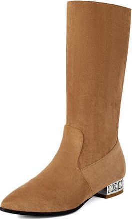 Generic Womens Faux Suede Mid-Calf Boots with Rhinestone Flat Heel Casual Boots Pointed Toe Slouch Short Boot,Apricot,3.5 UK