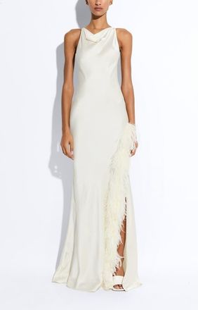 Sally Lapointe Satin Halter Gown With Feathers in Cream at Nordstrom, Size 14