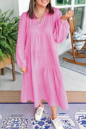 Azura Exchange Womens Tiered Midi Dress Long Sleeves - Pink Cotton - Size Medium