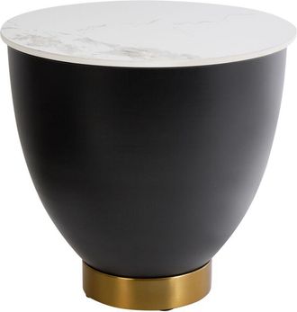 Beliani Beliani - Mesa Auxiliar Tablero De Piedra Sinterizada Blanco Aspecto Natural Base De Metal Negro Detalles Dorados Dise&ntilde;o Moderno &Oslash; 48 Cm Nadine